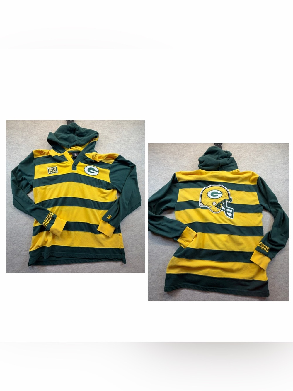 Green Bay Packers NFL Team Apparel Striped Hooded Rugby Shirt Size L